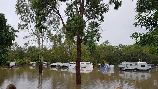 Holidaymakers were trapped at Big 4 Gold Coast Holiday Park at Helensvale after a huge deluge of rain led to flash flooding. Picture: Colleen McArthur