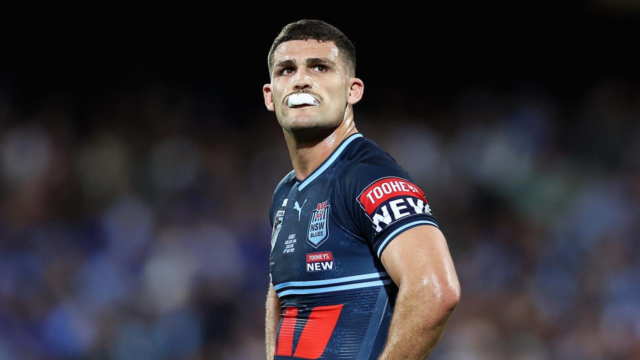 ADELAIDE, AUSTRALIA - MAY 31: Nathan Cleary of the Blues looks on during game one of the 2023 State of Origin series between the Queensland Maroons and New South Wales Blues at Adelaide Oval on May 31, 2023 in Adelaide, Australia. (Photo by Cameron Spencer/Getty Images)