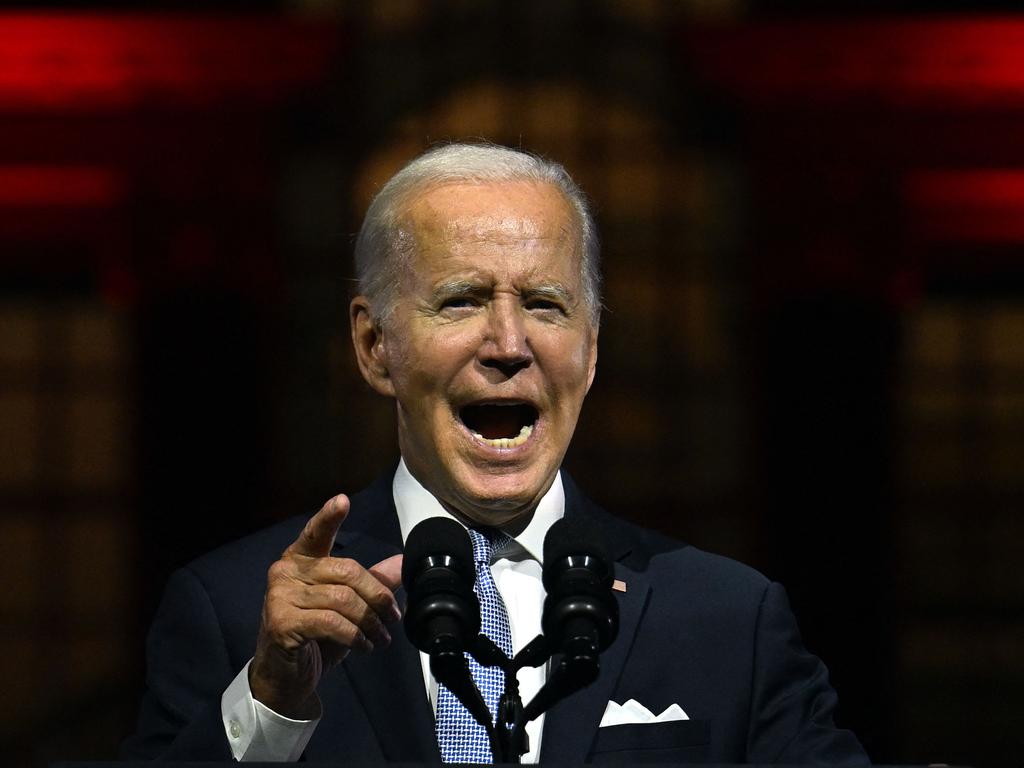 US President Joe Biden speaks calls Republican voters an assault on democracy, during a speech outside Independence National Historical Park. Picture: AFP