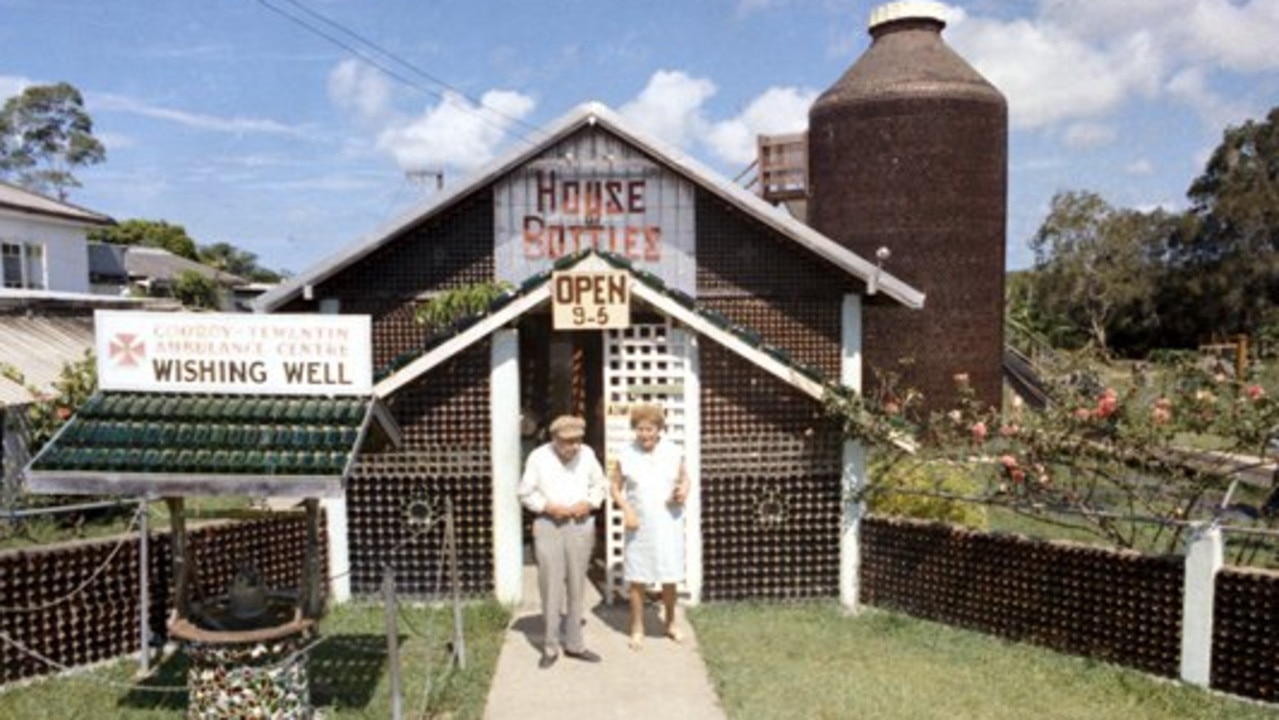 The House of Bottles Myles St, Tewantin, 1975. Originally built in 1952 to house the bottle collection begun by George Clifford and opened on 26 December 1966 as a tourist attraction. The adjacent 8.5 metre high, 4 metres wide 'Big Stubby' included a spiral staircase and slippery slide. Picture: Courtesy of Sunshine Coast Council