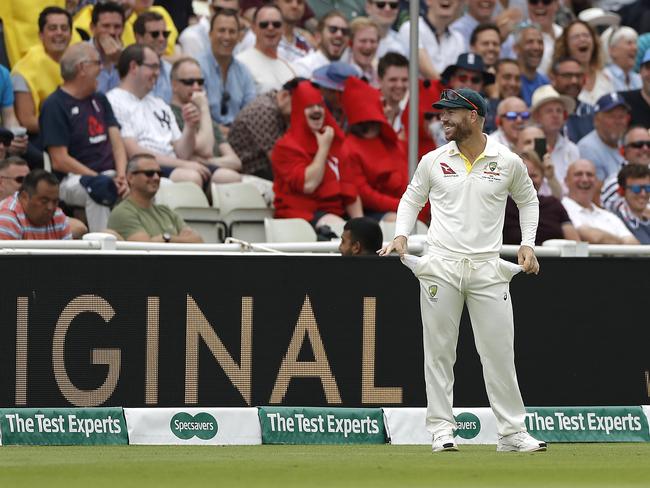 David Warner of Australia shows the crowd his empty pockets during day three of the 1st Ashes Test against England at Edgbaston in August 2019. Picture: Getty Images