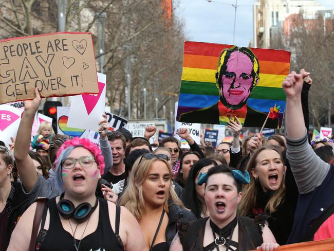 Young supporters during a marriage equality rally in Melbourne, Saturday, August 26, 2017. Picture: AAP.