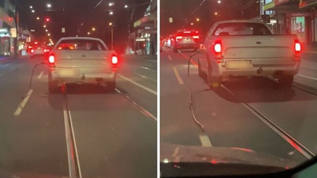 Oblivious tradie filmed driving through Melbourne with petrol hose still in his car.