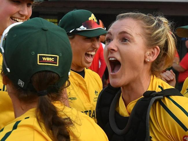 SA softballer Belinda White celebrates after being part of the Australian team that qualified for the 2020 Olympics. Picture - Supplied, Softball Australia