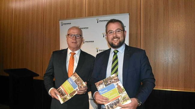 LGAQ Preseident and Mayor of the Sunshine Coast, Mark Jamieson, and Cr Cameron O'Neill launch Conferences & Events in the Maranoa - a Planner's Guide. Picture: Jorja McDonnell