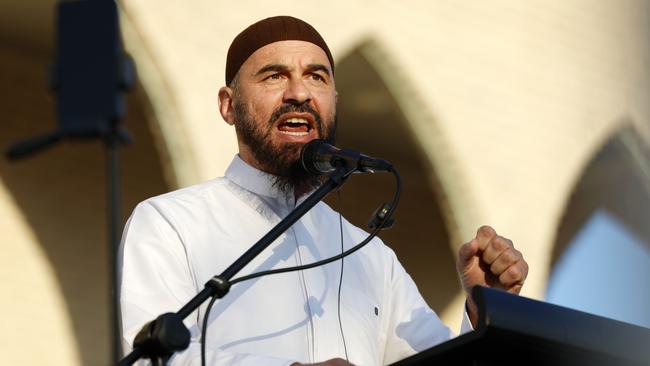 Sheikh Wesam Charkawi speaking at the United Community Rally for Palestine and Lebanon being held at the Lakemba Mosque. Picture: Jonathan Ng