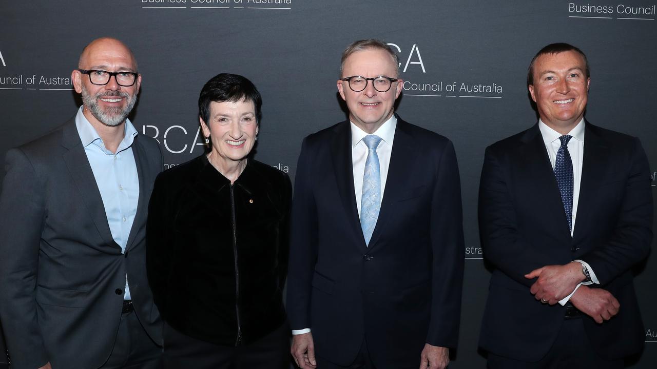 Tim Reed, Jennifer Westacott, PM Anthony Albanese and Bran Black. Picture: John Feder/The Australian.