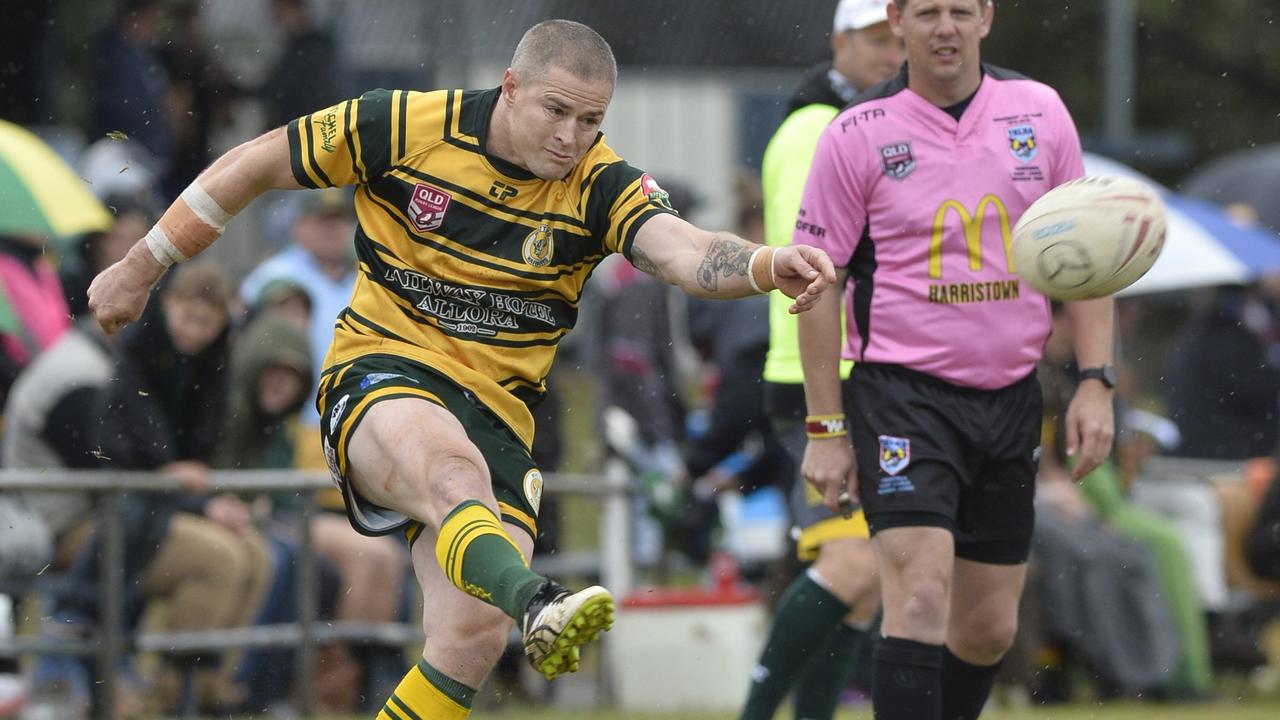 Travis Burns attempts to convert for Wattles against Brothers in TRL Premiership round nine rugby league at Glenholme Park, Sunday, June 2, 2019.