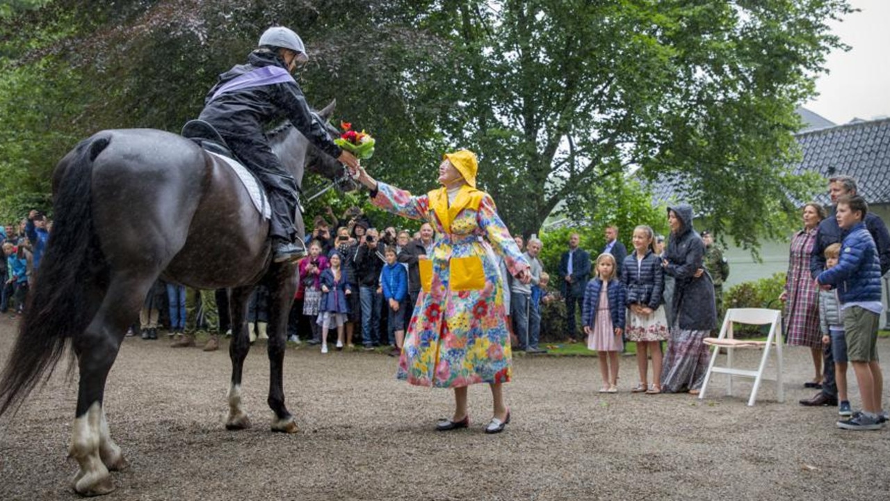 Queen Margrethe of Denmark, with Crown Prince Frederik, Crown Princess Mary and their children at the Ringsted horse ceremony at Graasten Slot during their 2017 summer vacation. Picture: Patrick van Katwijk/Getty Images