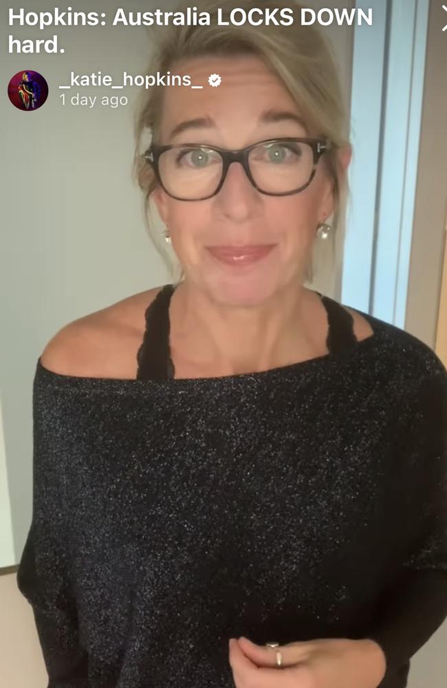 Katie Hopkins took to Instagram Live to criticise harsh lockdowns from Sydney hotel quarantine.