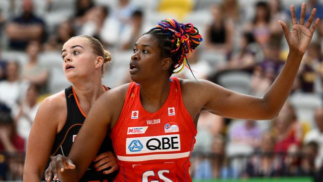 Romelda Aiken George of the Swifts competes for the ball against Matilda McDonell of the Giants during the 2023 Team Girls Cup. Picture: Getty Images