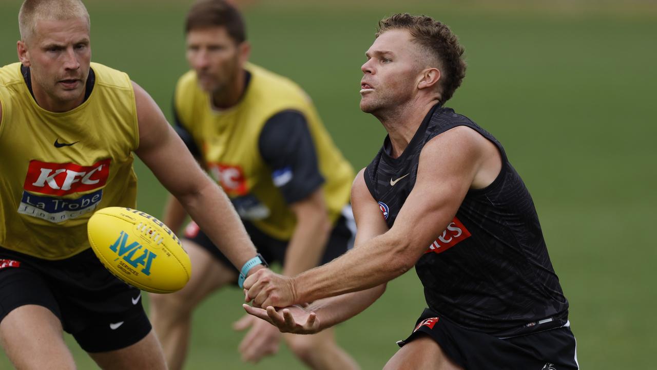 Long-kicking Magpies recruit Dan Houston’s presence in defence will likely push veteran Steele Sidebottom back onto a wing. Picture: Michael Klein