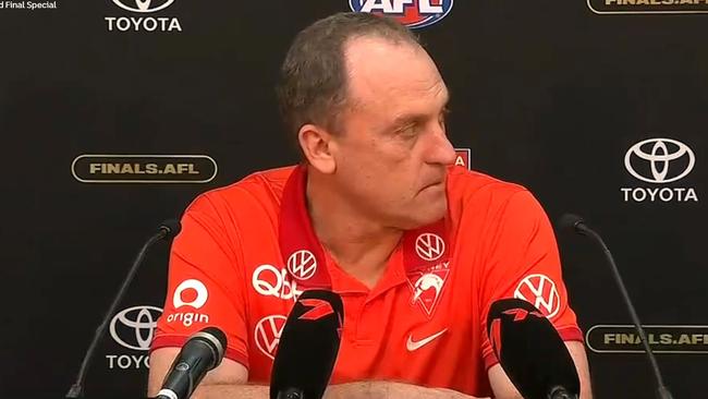 John Longmire's nightmare kept going well after the final siren. Photo: Fox Footy.