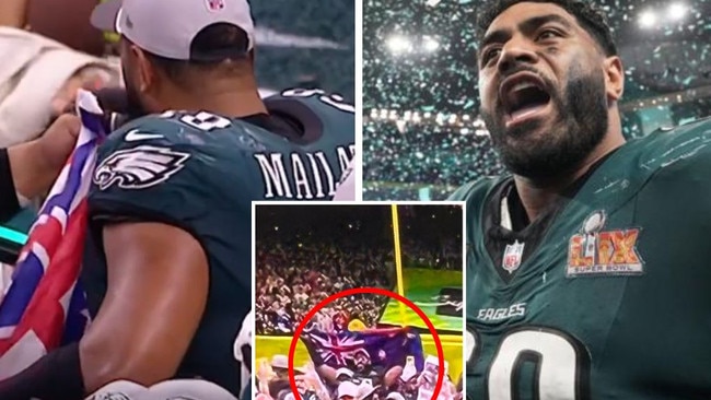 Philadelphia Eagles offensive tackle Jordan Mailata has officially become the first Aussie to play in and win a Super Bowl. Image: Kayo/Getty