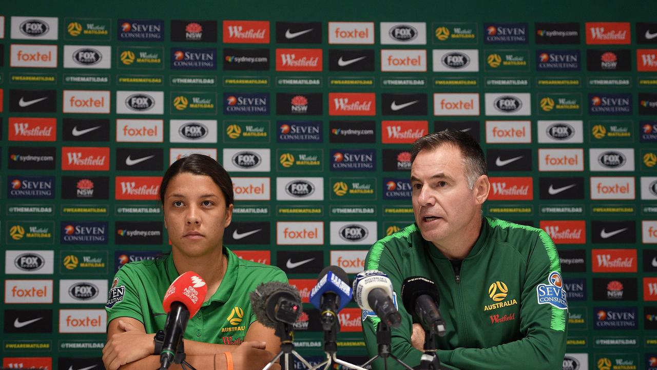 Matildas captain Sam Kerr with Head Coach Ante Milicic at a press conference on Friday.