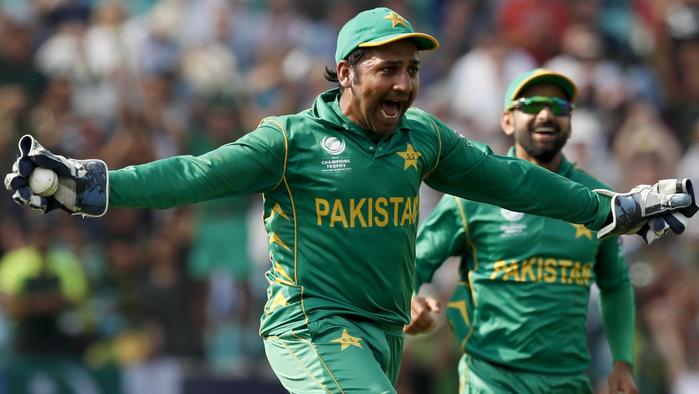 Pakistan's captain Sarfraz Ahmed celebrates after taking the catch to dismiss India's Jasprit Bumrah and take India's last wicket to win the ICC Champions Trophy final at The Oval in London, Sunday, June 18, 2017. Embarrassed by India in its opening match, Pakistan turned the tables on its archrival to win their Champions Trophy final by a crushing 180 runs. (AP Photo/Kirsty Wigglesworth)