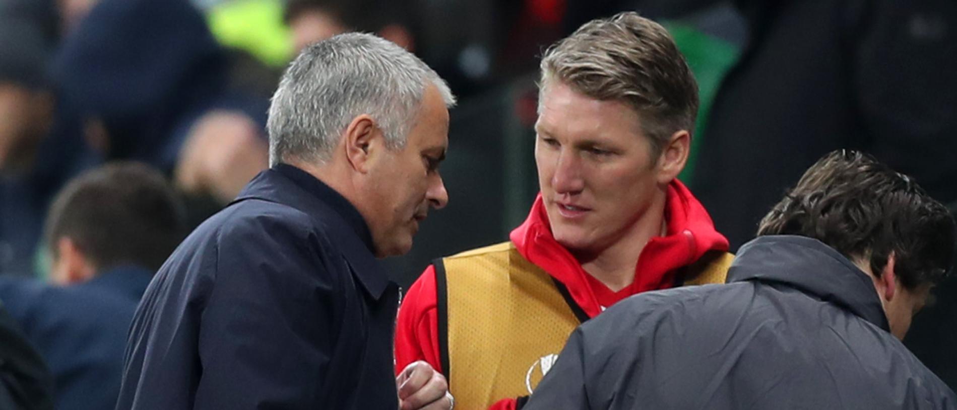 SAINT-ETIENNE, FRANCE - FEBRUARY 22: Bastian Schweinsteiger of Manchester United speaks with Jose Mourinho, manager of Manchester United on the touchline during the UEFA Europa League Round of 32 second leg match between AS Saint-Etienne and Manchester United at Stade Geoffroy-Guichard on February 22, 2017 in Saint-Etienne, France. (Photo by Christopher Lee/Getty Images)