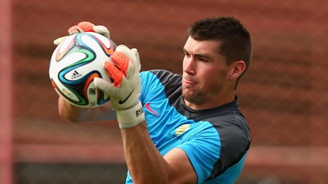 VITORIA, BRAZIL - JUNE 08: Mat Ryan of the Socceroos goal-keeps during an Australian Socceroos training session at Arena Unimed Sicoob on June 8, 2014 in Vitoria, Brazil. (Photo by Cameron Spencer/Getty Images)