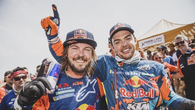 Toby Price with fellow Red Bull KTM Factory Team rider Matthias Walkner of Austria at the Dakar finish line. Picture: Flavien Duhamel/Red Bull Content Pool