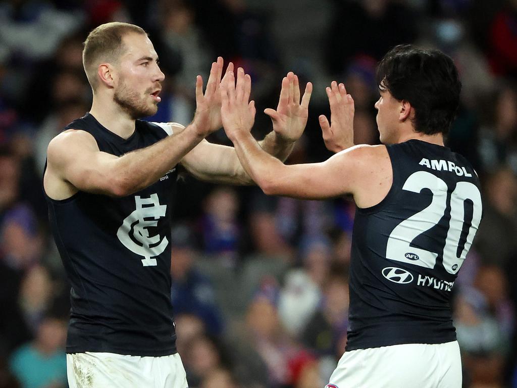 MELBOURNE, JULY 13, 2024: 2024 AFL Round 18 - Western Bulldogs v Carlton at Marvel Stadium. Harry McKay of the Blues celebrates a goal. Picture: Mark Stewart