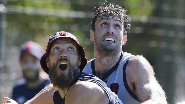 NCA. MELBOURNE, AUSTRALIA. 12th February, 2025 . Melbourne training at Goschs Paddock.  Max Gawn and Tom Campbell  during training today     .  Picture: Michael Klein