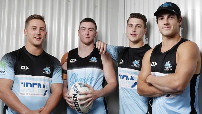 Mittagong recruit James Coyne (right) during his Cronulla under-20s days in 2021. Others (L-R), Thomas Rodwell (son of Brett), Kade Dykes (son of Adam) and Sam Healey (son of Mitch). Picture: Jonathan Ng