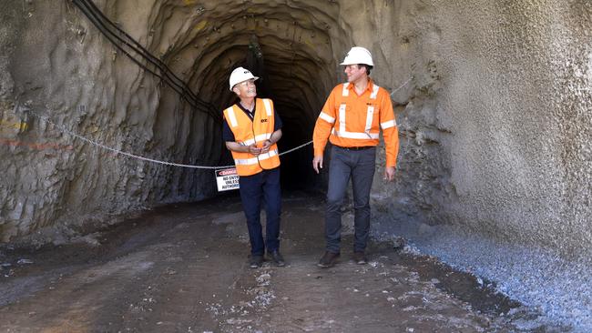 Former Kokatha Aboriginal Corporation chairman Chris Larkin (left) with Oz Minerals CEO Andrew Cole at Oz’s Carrapateena mine site, west of Lake Torrens. Picture: AAP/David Mariuz