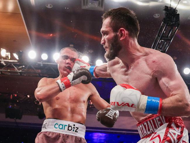 Bakhram Murtazaliev lands a devastating punch on Tim Tszyu. Picture: Getty