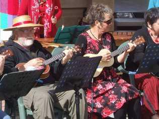 Warwick’s ukulele band performing outside the town hall during this year’s Jumpers and Jazz Festival. Picture: Contributed