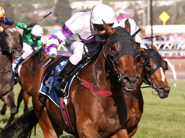 Spright, ridden by Kerrin McEvoy, wins the Group 3 Red Roses at Flemington on Oaks Day in 2018. Picture: Wayne Ludbey