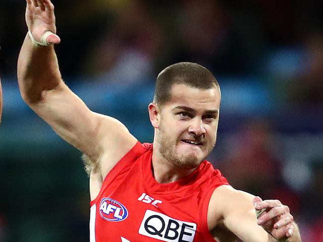 SYDNEY, AUSTRALIA - JUNE 21: Tom Papley of the Swans celebrates kicking a goal  the round 14 AFL match between the Sydney Swans and the Hawthorn Hawks at Sydney Cricket Ground on June 21, 2019 in Sydney, Australia. (Photo by Cameron Spencer/AFL Photos/via Getty Images)