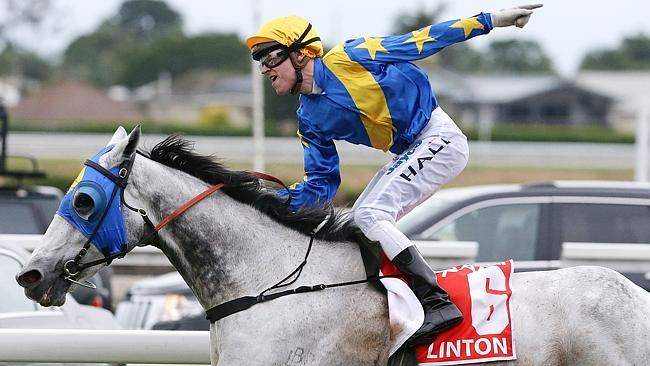 Nicholas Hall salutes as he wins the Stradbroke Handicap on Linton at Eagle Farm. Picture: Peter Wallis