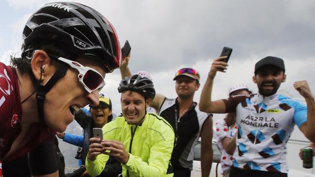 Team Ineos rider Geraint Thomas is cheered on by spectators on the Galibier Pass in the 2019 Tour de France. Picture: AP