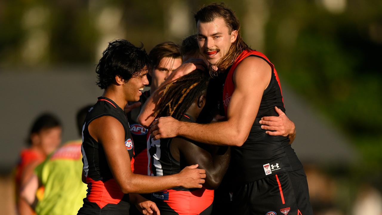 Anthony McDonald-Tipungwuti of the Bombers celebrates kicking a goal. Picture: Matt Roberts