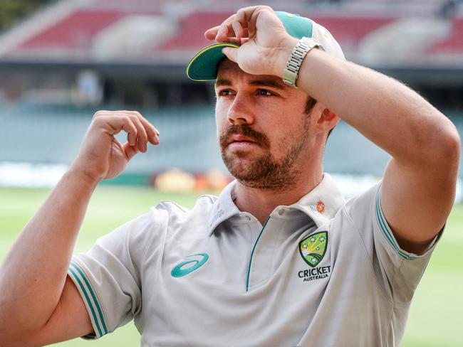 Australian cricket player Travis Head speaks to media at Adelaide Oval on December 14, 2021, ahead of the second Ashes Test against England in Adelaide. (Photo by Brenton EDWARDS / AFP) / -- IMAGE RESTRICTED TO EDITORIAL USE - STRICTLY NO COMMERCIAL USE --