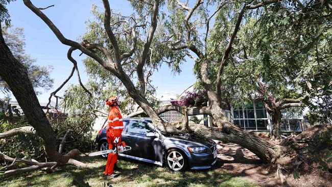 Tweed SES check out the best way to clear debris from a car damaged on Wharf Rd. Picture: Glenn Hampson.