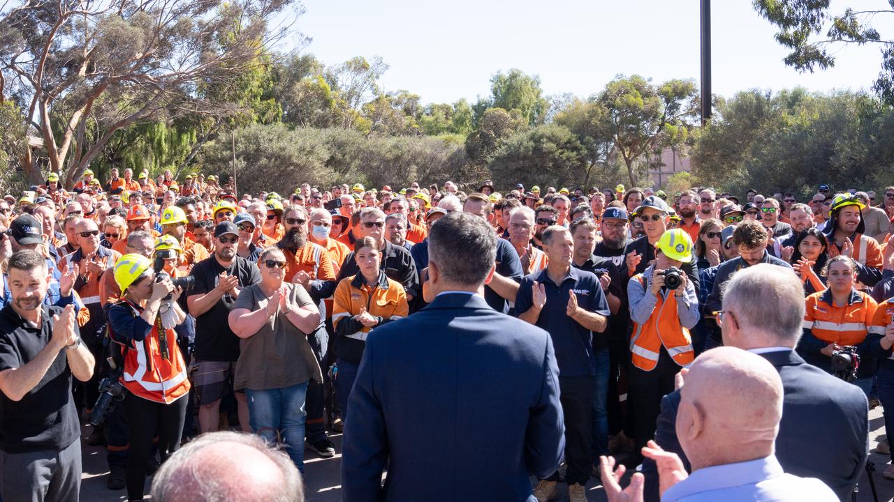 Anthony Albanese and Peter Malinauskas addressed workers at Whyalla Steelworks after the takeover. Picture: NewsWire / Tim Joy