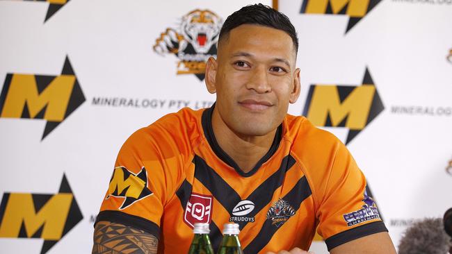 Israel Folau during a media conference to announce he had joined the Tigers on the Gold Coast. Picture: NCA NewsWire/Tertius Pickard