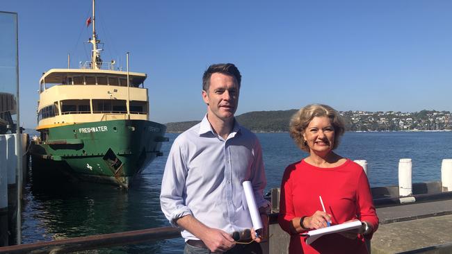 Shadow Transport Minister Chris Minns and Cr Candy Bingham, in front of one of Manly's iconic Freshwater class ferries. Picture: Julie Cross