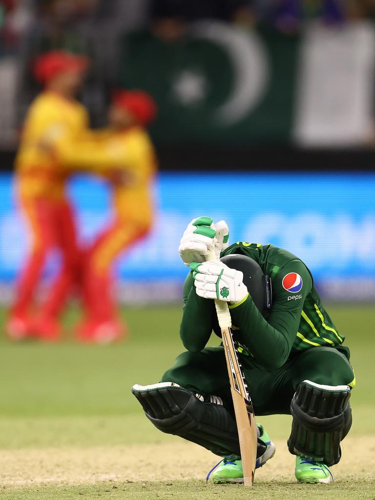 Muhammad Wasim of Pakistan reacts as a wicket falls. Photo by Paul Kane/Getty Images.