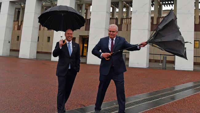 Treasurer Josh Frydenberg and Prime Minister Scott Morrison at Parliament House. Picture: Getty