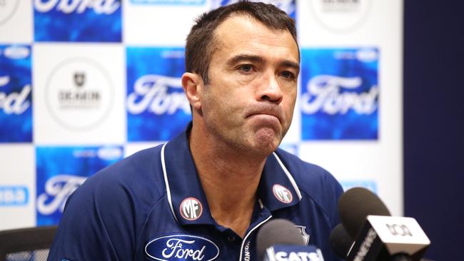 Cats coach Chris Scott speaks to the media on Saturday. Picture: Alison Wynd