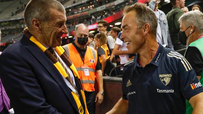 Jeff Kennett and Alastair Clarkson after a Hawthorn win. Picture: AFL Photos/Getty Images