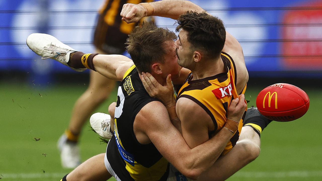 Dylan Grimes makes sure Conor Nash is going nowhere. Picture: Daniel Pockett/Getty Images