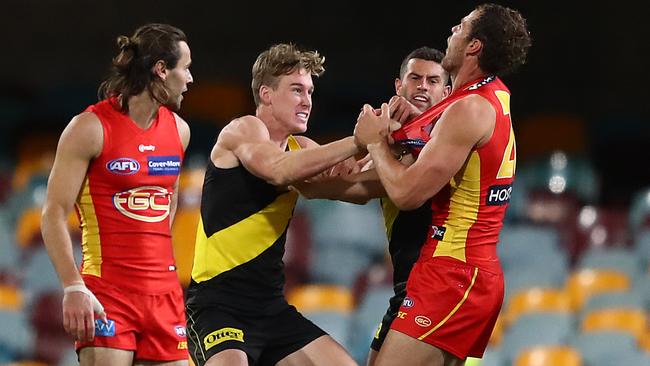 Lynch also clashed with Jarrod Witts during the game. Picture: Getty