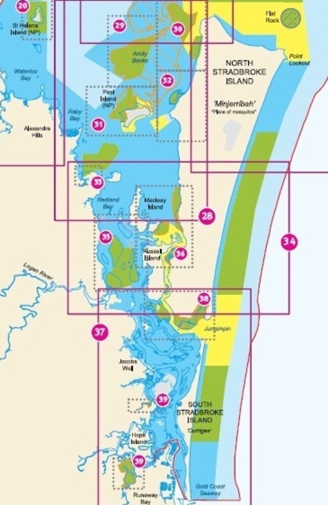 A map of the Moreton Bay Marine Park showing the Marine National Park in green; the Conservation Park in yellow; Habitat Protection zone in dark blue; with light blue the General Use zone. Image: DES