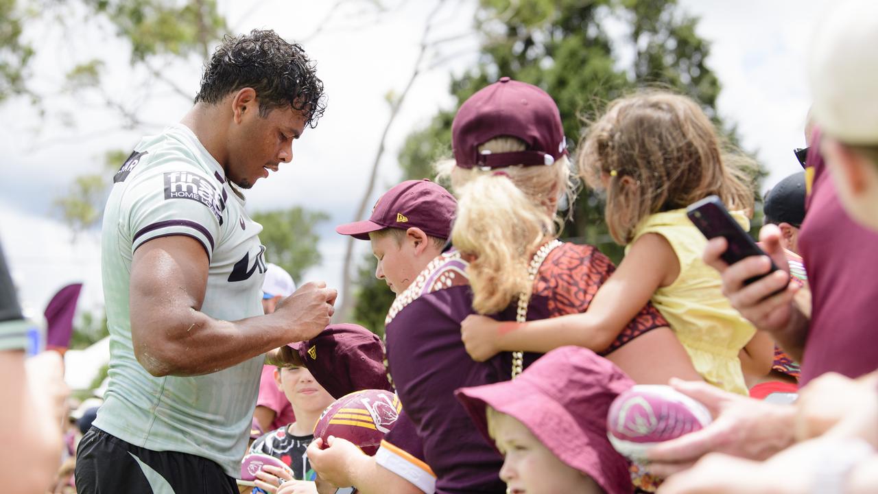 Selwyn Cobbo meets fans at the Brisbane Broncos Captain's Run and Toowoomba Fan Day at Toowoomba Sports Ground, Saturday, February 15, 2025. Picture: Kevin Farmer