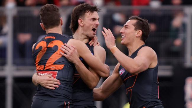 Zach Sproule celebrates a goal in the Giants’ elimination final win. Picture: Getty Images