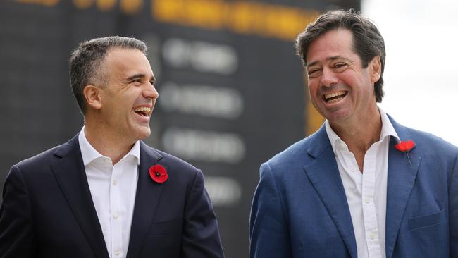 AFL chief executive Gillon McLachlan and SA Premier Peter Malinauskas at Adelaide Oval for to announce the AFL’s extra-round festival of footy. Picture: NCA NewsWire / David Mariuz