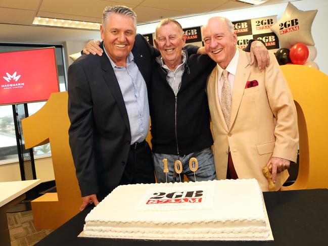 08/11/2016: Ray Hadley, John Singleton and Alan Jones at 2GB in Pyrmont, celebrating 100 consecutive radio ratings wins.Pic by James Croucher